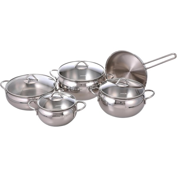 Batterie de cuisine Korkmaz Tombik 9 pièces en acier inoxydable, compatible induction, argentée, A1800