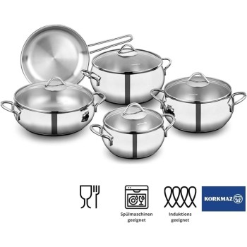 Batterie de cuisine Korkmaz Tombik 9 pièces en acier inoxydable, compatible induction, argentée, A1800