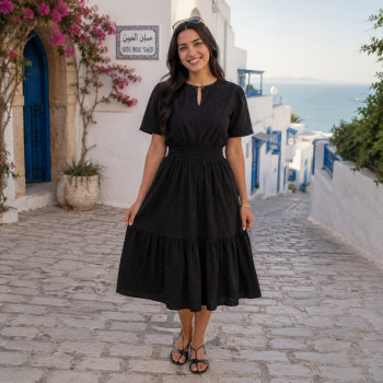Robe midi fluide en broderie anglaise Noir