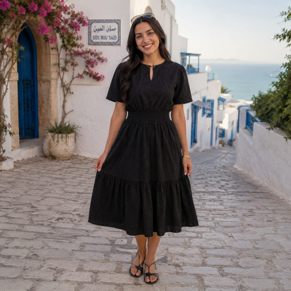 Robe midi fluide en broderie anglaise Noir