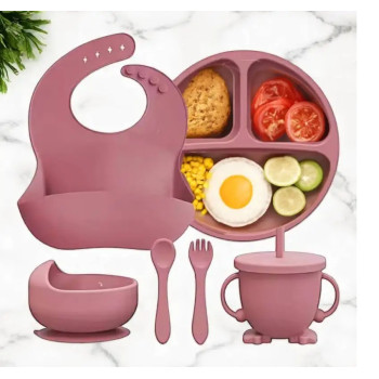 Ensemble repas bébé 6 pièces en silicone avec assiette à ventouse, bol, gobelet à bec, bavoir, cuillère et fourchette sans BPA