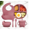 Ensemble repas bébé 6 pièces en silicone avec assiette à ventouse, bol, gobelet à bec, bavoir, cuillère et fourchette sans BPA