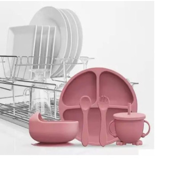 Ensemble repas bébé 6 pièces en silicone avec assiette à ventouse, bol, gobelet à bec, bavoir, cuillère et fourchette sans BPA