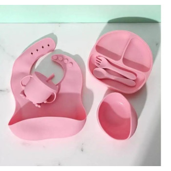 Ensemble repas bébé 6 pièces en silicone avec assiette à ventouse, bol, gobelet à bec, bavoir, cuillère et fourchette sans BPA