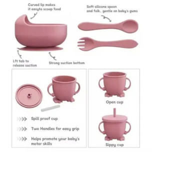 Ensemble repas bébé 6 pièces en silicone avec assiette à ventouse, bol, gobelet à bec, bavoir, cuillère et fourchette sans BPA