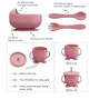 Ensemble repas bébé 6 pièces en silicone avec assiette à ventouse, bol, gobelet à bec, bavoir, cuillère et fourchette sans BPA
