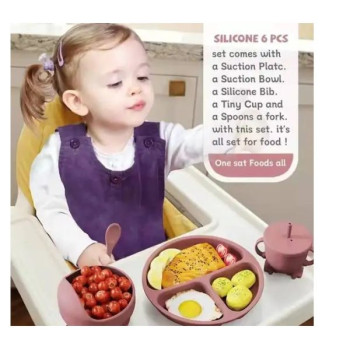 Ensemble repas bébé 6 pièces en silicone avec assiette à ventouse, bol, gobelet à bec, bavoir, cuillère et fourchette sans BPA