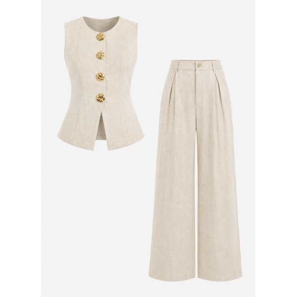 Ensemble Tailleur 2 Pièces Gilet sans Manches et Pantalon Large