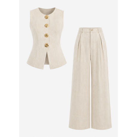 Ensemble Tailleur 2 Pièces Gilet sans Manches et Pantalon Large