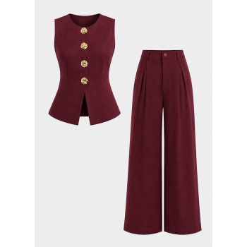 Ensemble Tailleur 2 Pièces Gilet sans Manches et Pantalon Large