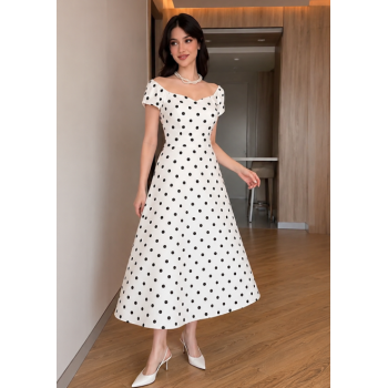 Robe Polka Vintage à Pois Coupe Évasée - Blanc et Noir