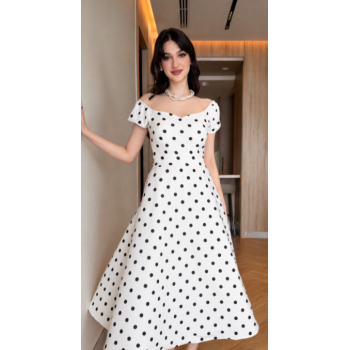 Robe Polka Vintage à Pois Coupe Évasée - Blanc et Noir