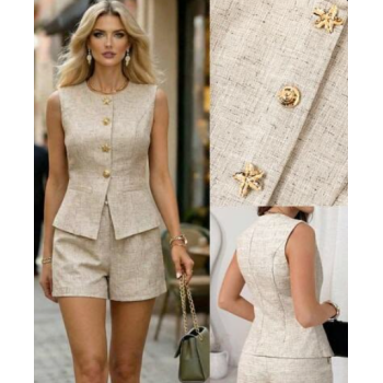 Ensemble Chic 2 Pièces Haut sans Manches à Boutons Dorés et Short