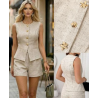 Ensemble Chic 2 Pièces Haut sans Manches à Boutons Dorés et Short