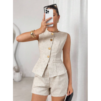 Ensemble Chic 2 Pièces Haut sans Manches à Boutons Dorés et Short