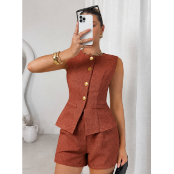 Ensemble Chic 2 Pièces Haut sans Manches à Boutons Dorés et Short