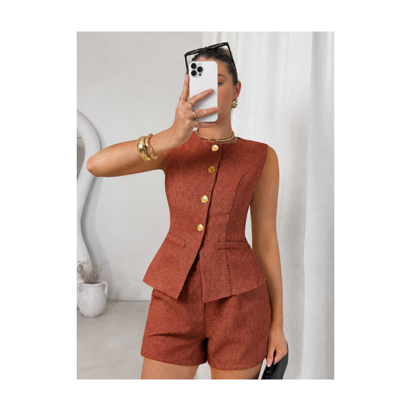 Ensemble Chic 2 Pièces Haut sans Manches à Boutons Dorés et Short