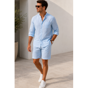 Ensemble Kamraya en Lin pour Homme (Chemise Col Mao & Short) - Bleu Ciel