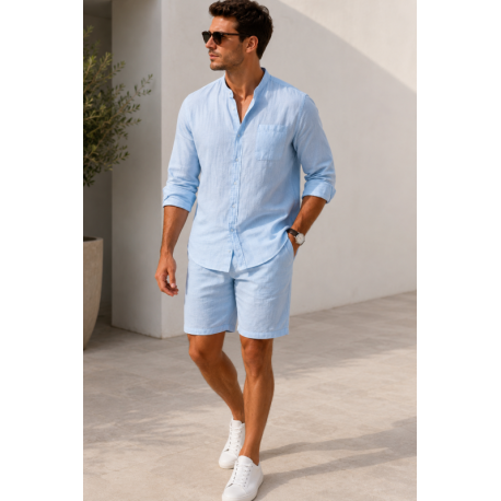 Ensemble Kamraya en Lin pour Homme (Chemise Col Mao & Short) - Bleu Ciel