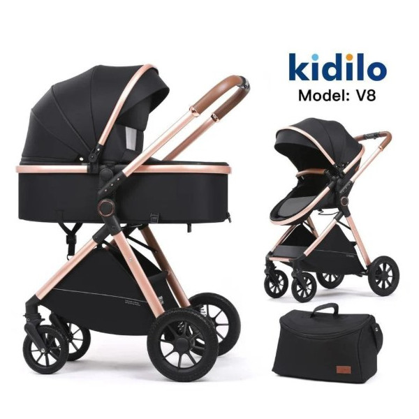Poussette Landau KIDILO V8 Avec Sac Maman Noir