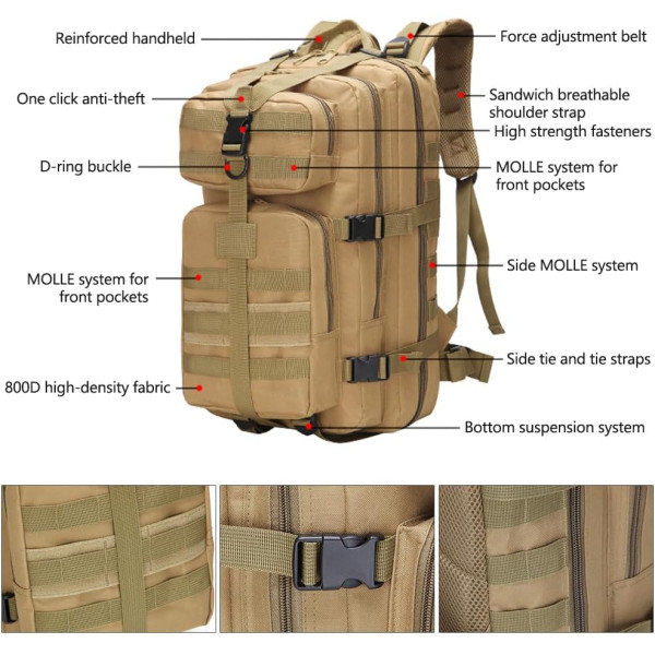 Sac à dos tactique militaire 3 jours, sac d'assaut, sac Molle de l'armée, sac à dos 35L