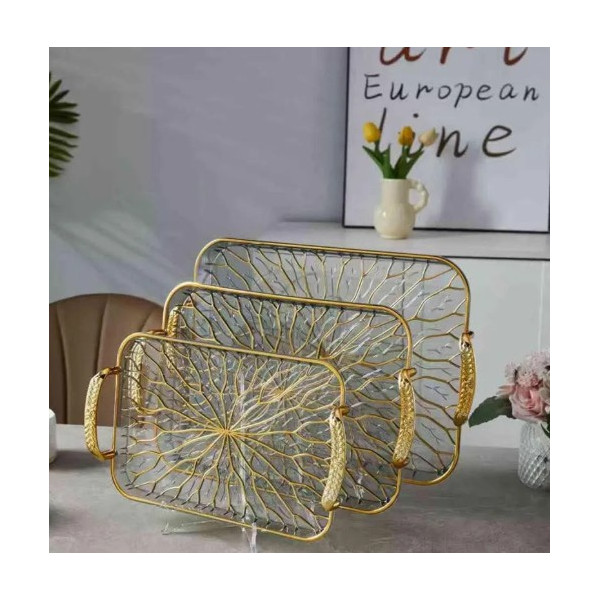 Ensemble 3 pcs de Plateaux Poignées Dorées & Motif Végétal