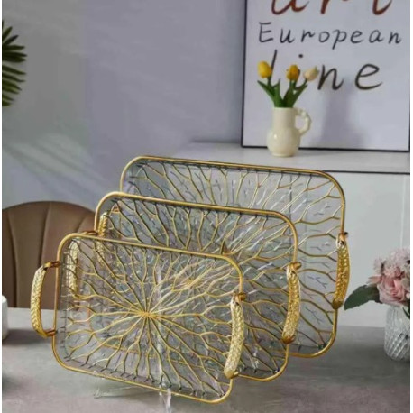 Ensemble 3 pcs de Plateaux Poignées Dorées & Motif Végétal