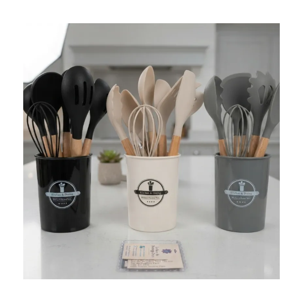 Ensemble d'Ustensiles de Cuisine 12 Pièces – Silicone & Bois Élégant