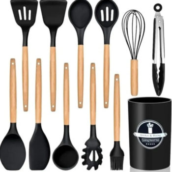 Ensemble d'Ustensiles de Cuisine 12 Pièces – Silicone & Bois Élégant