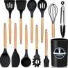Ensemble d'Ustensiles de Cuisine 12 Pièces – Silicone & Bois Élégant