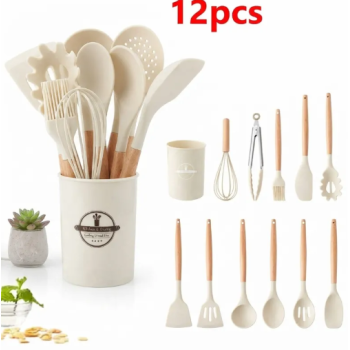 Ensemble d'Ustensiles de Cuisine 12 Pièces – Silicone & Bois Élégant