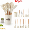 Ensemble d'Ustensiles de Cuisine 12 Pièces – Silicone & Bois Élégant