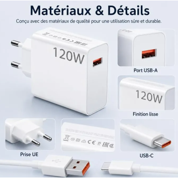 Chargeur Rapide120W USB-A câble USB-C 2 m