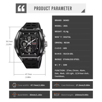 Montre de sport numérique tendance chronographe 5ATM SKMEI 2601 – Noir