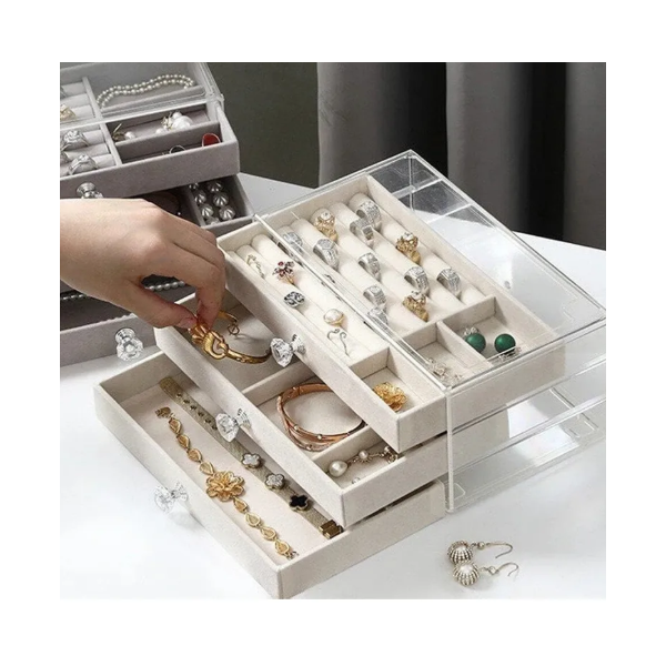 Boîte de rangement à bijoux à 3 tiroirs avec couvercle transparent