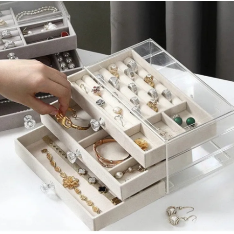 Boîte de rangement à bijoux à 3 tiroirs avec couvercle transparent